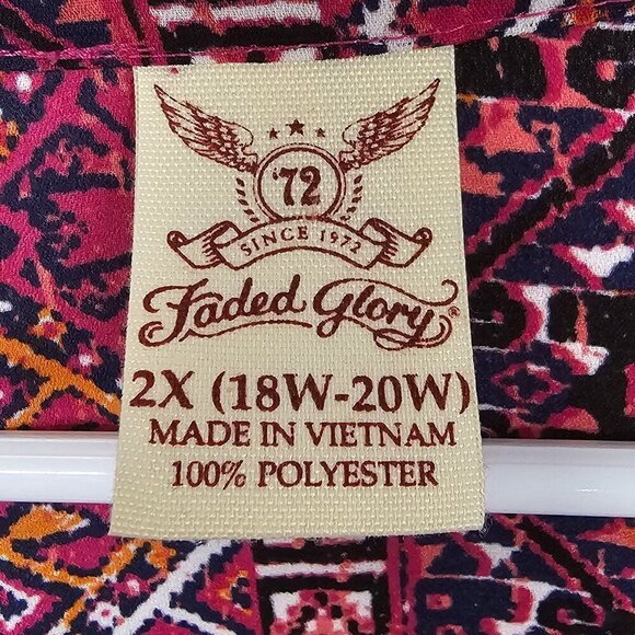 Faded Glory Pink Aztec Boho Tribal Peasant Roll Tab Tunic Blouse 18W/20W - Picture 9 of 11